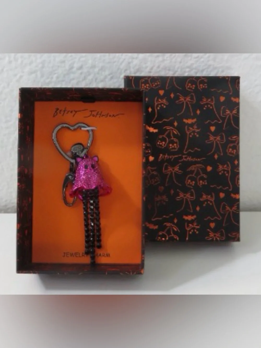 BETSEY JOHNSON Halloween Ghost Kitty Cat Metallic Pink Bag Charm & Keychain NWT